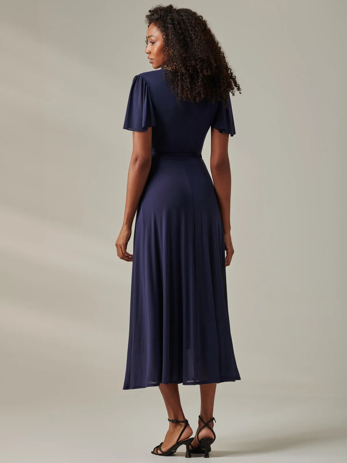 Plain Angel Sleeve Wrapped Maxi Dress, Navy