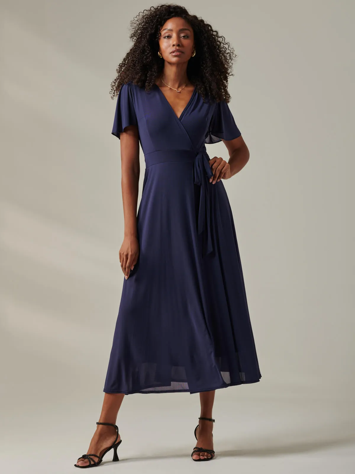 Plain Angel Sleeve Wrapped Maxi Dress, Navy