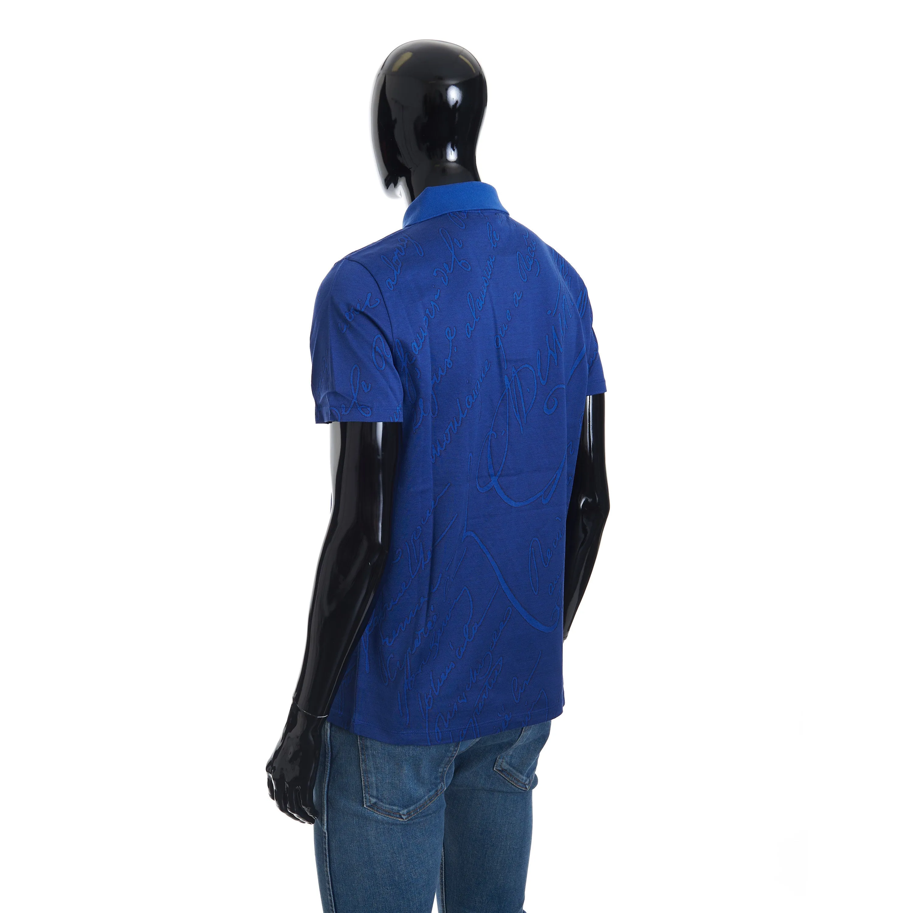 Polo Shirt In Vibrant Blue Scritto Jacquard Jersey Cotton Pique