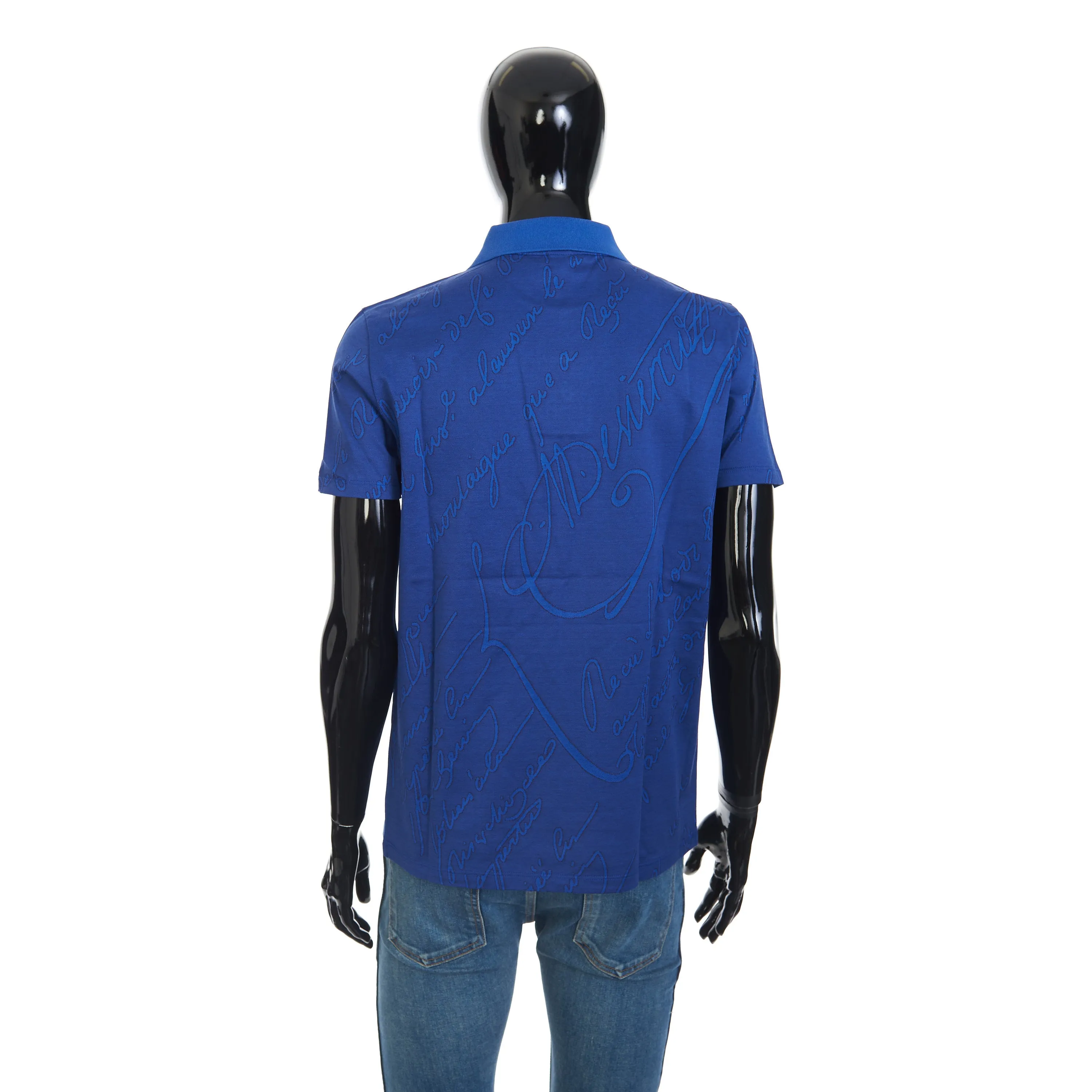 Polo Shirt In Vibrant Blue Scritto Jacquard Jersey Cotton Pique