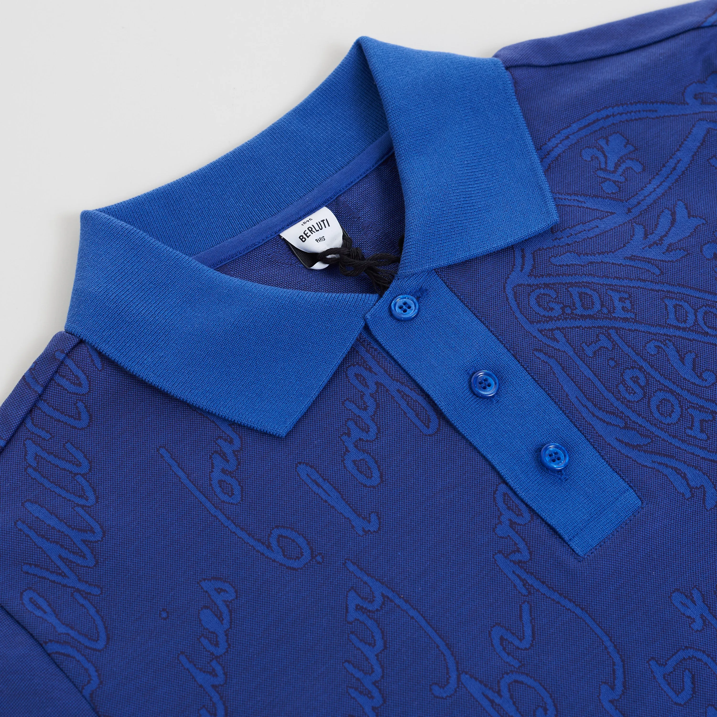 Polo Shirt In Vibrant Blue Scritto Jacquard Jersey Cotton Pique