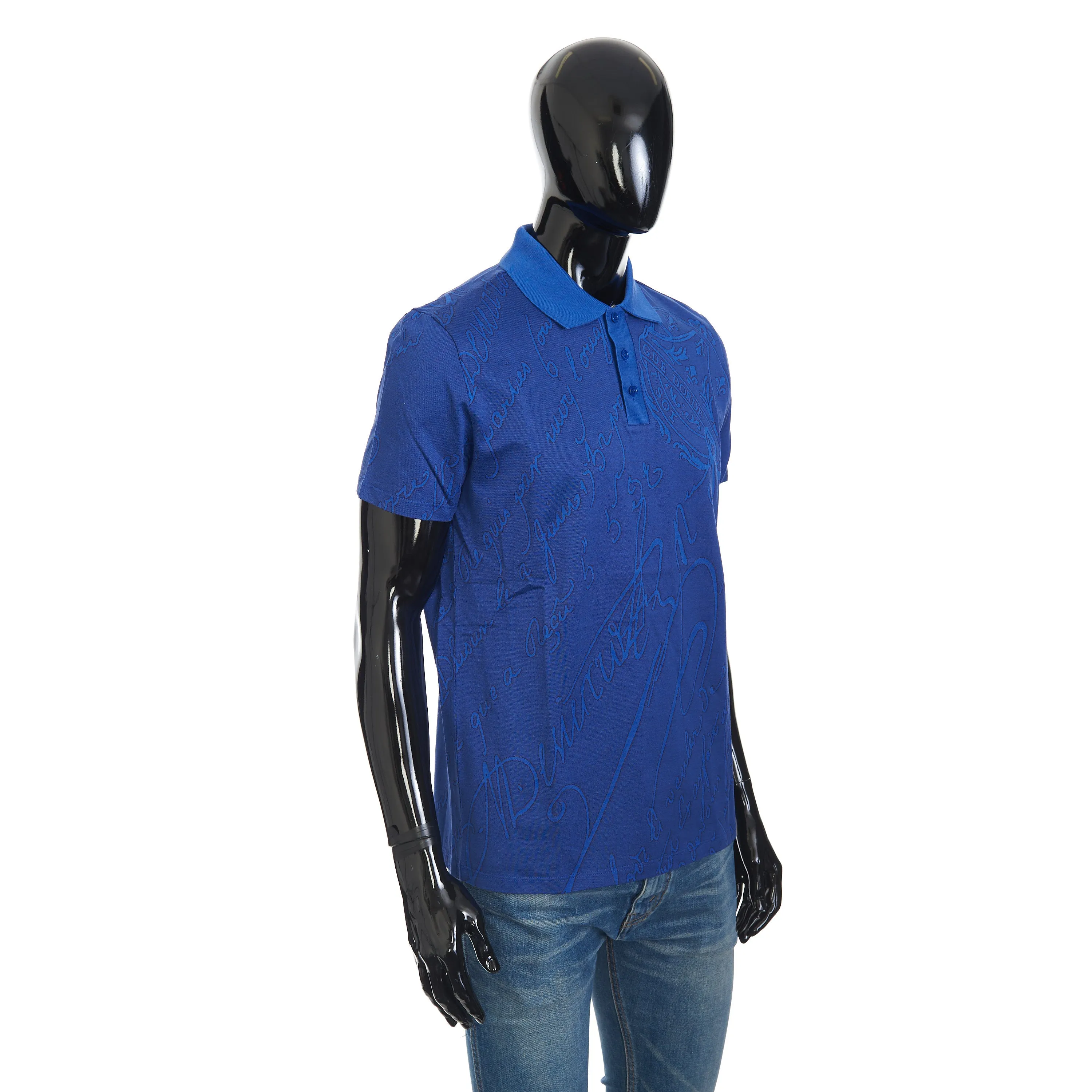 Polo Shirt In Vibrant Blue Scritto Jacquard Jersey Cotton Pique