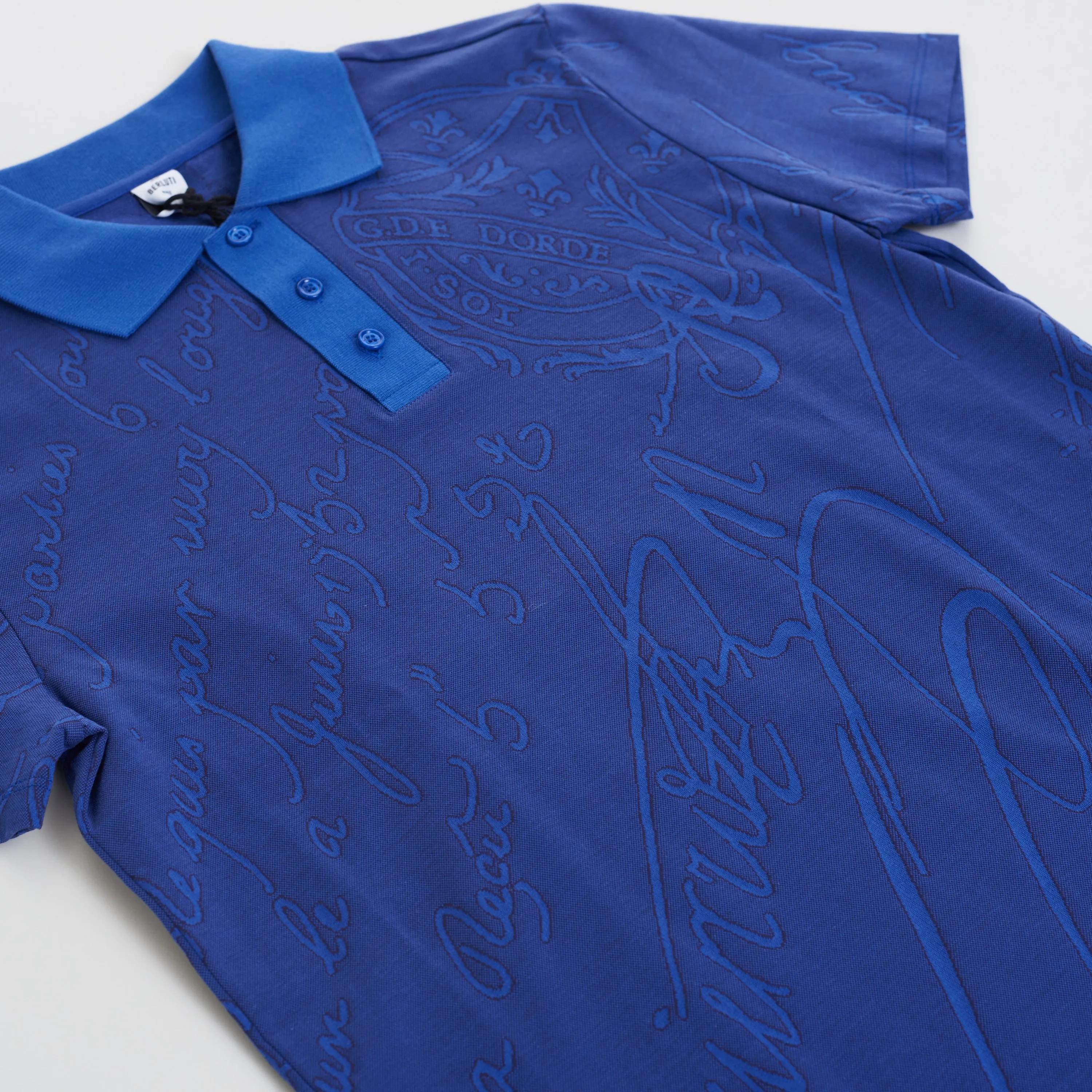 Polo Shirt In Vibrant Blue Scritto Jacquard Jersey Cotton Pique