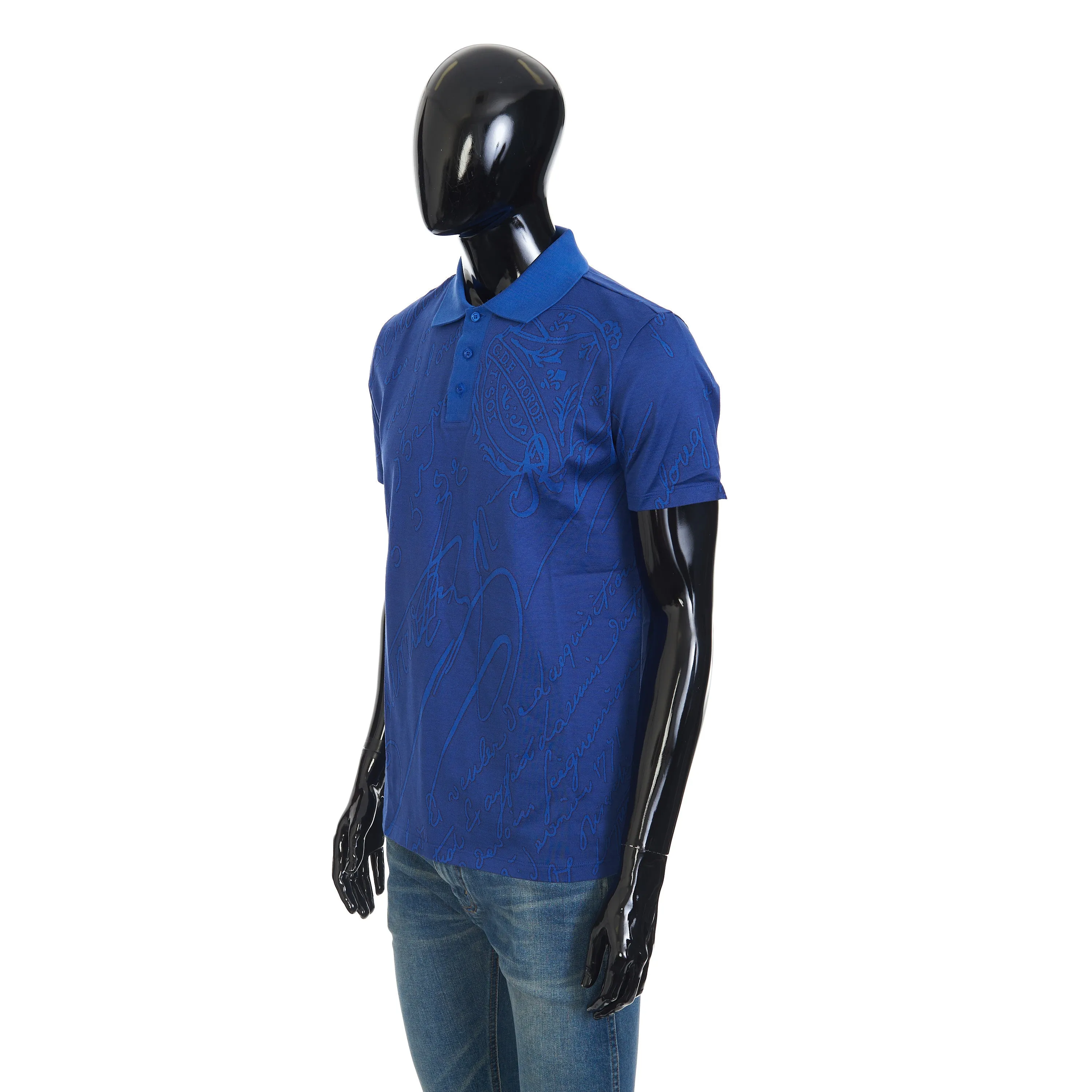 Polo Shirt In Vibrant Blue Scritto Jacquard Jersey Cotton Pique