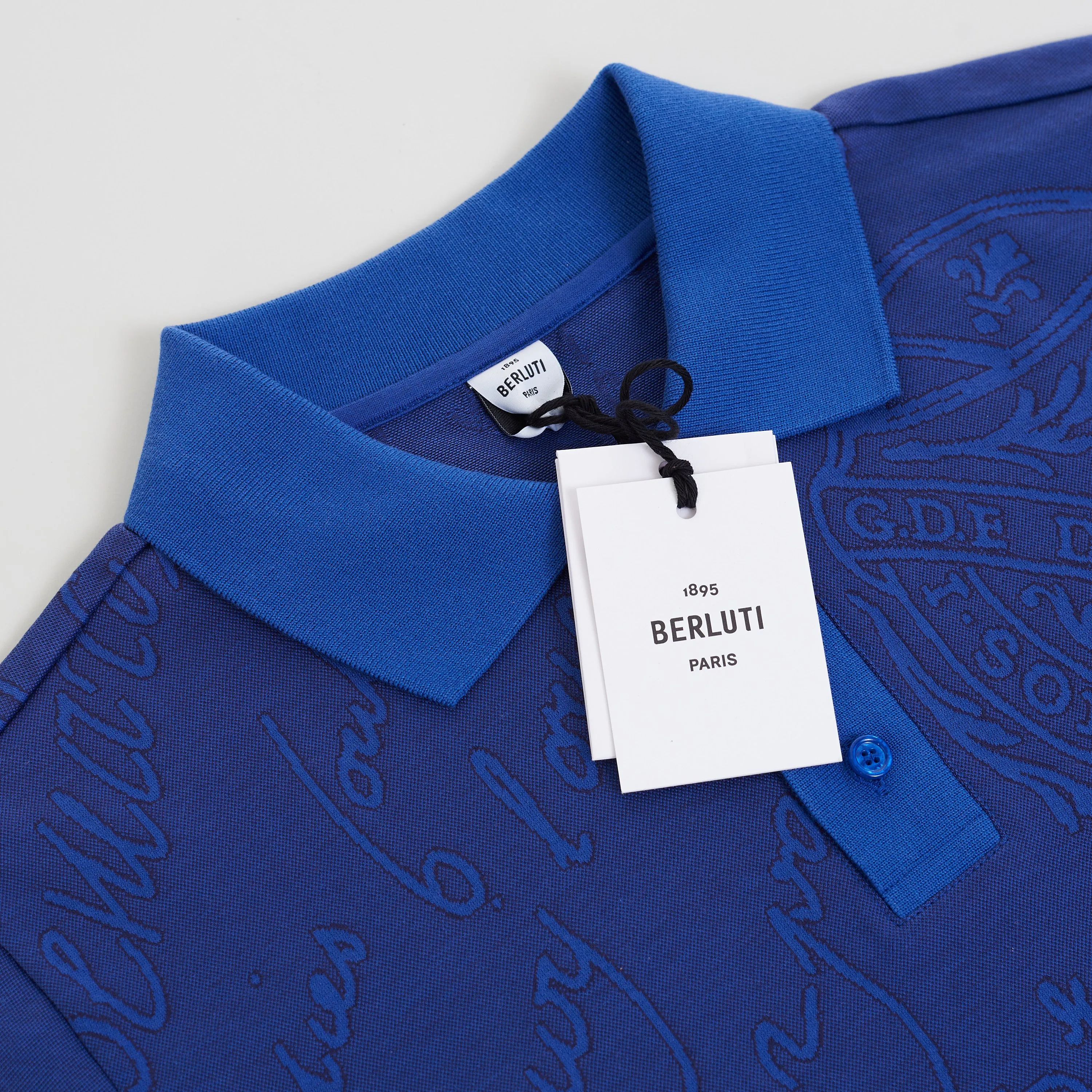 Polo Shirt In Vibrant Blue Scritto Jacquard Jersey Cotton Pique