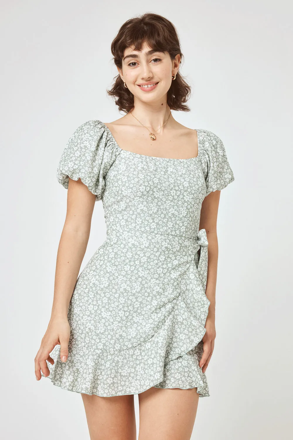 Sage Floral Puff Sleeve Wrap Dress