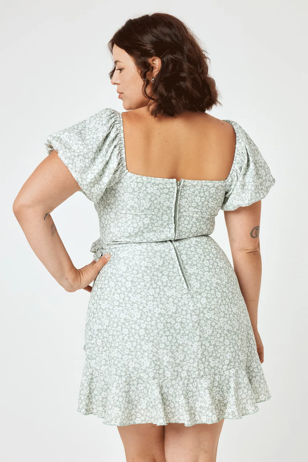 Sage Floral Puff Sleeve Wrap Dress