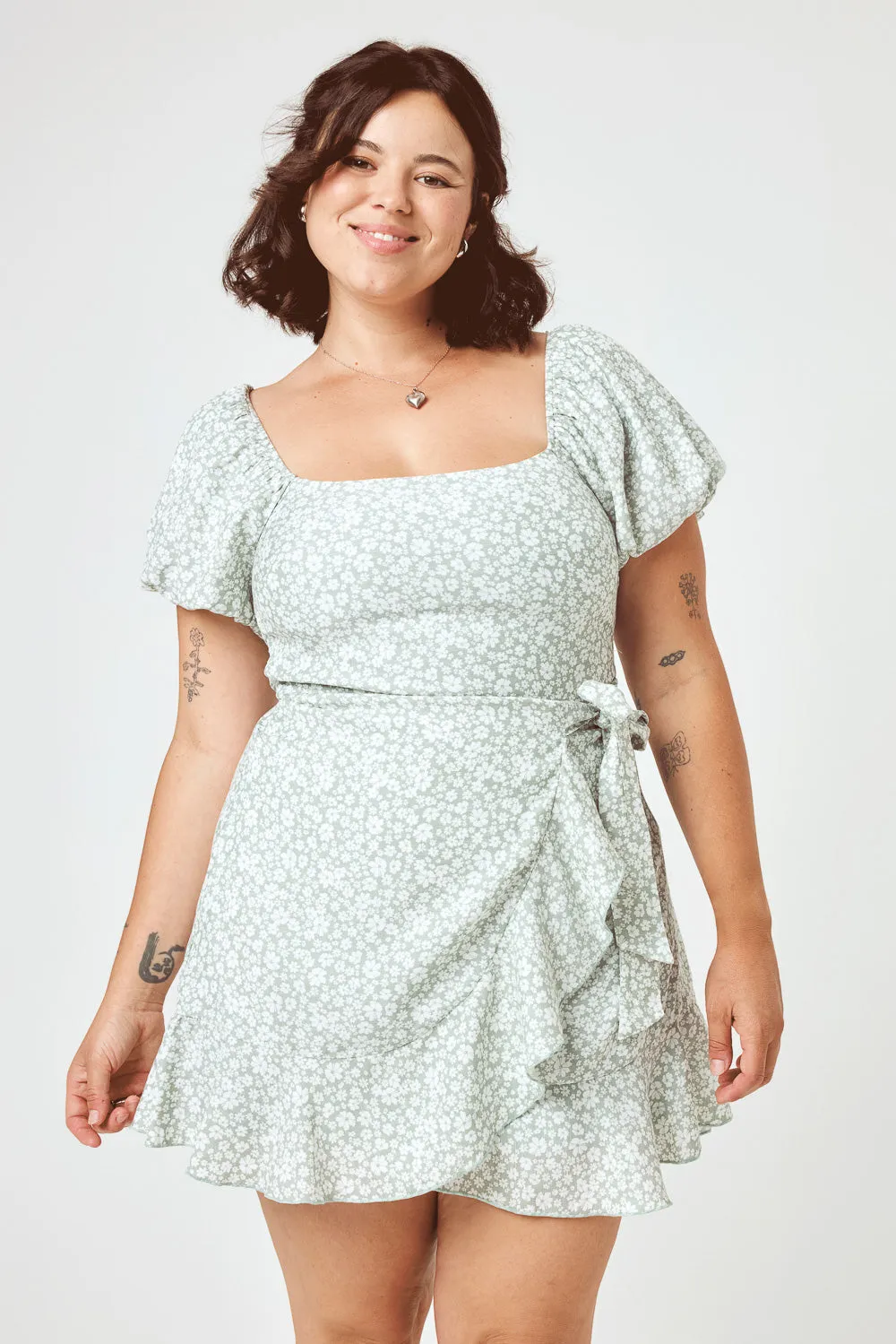 Sage Floral Puff Sleeve Wrap Dress