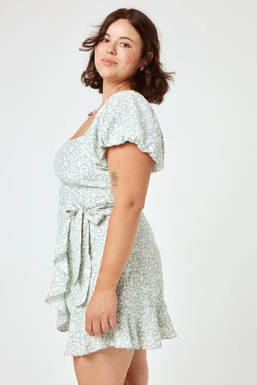 Sage Floral Puff Sleeve Wrap Dress