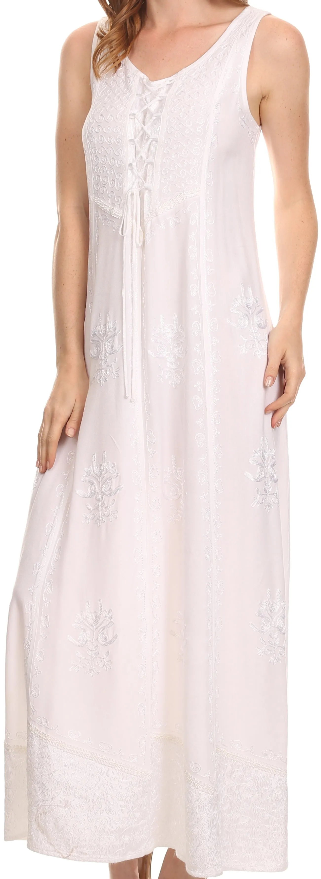 Sakkas Stella Long Tank Top Adjustable Caftan Corset Dress With Embroidery