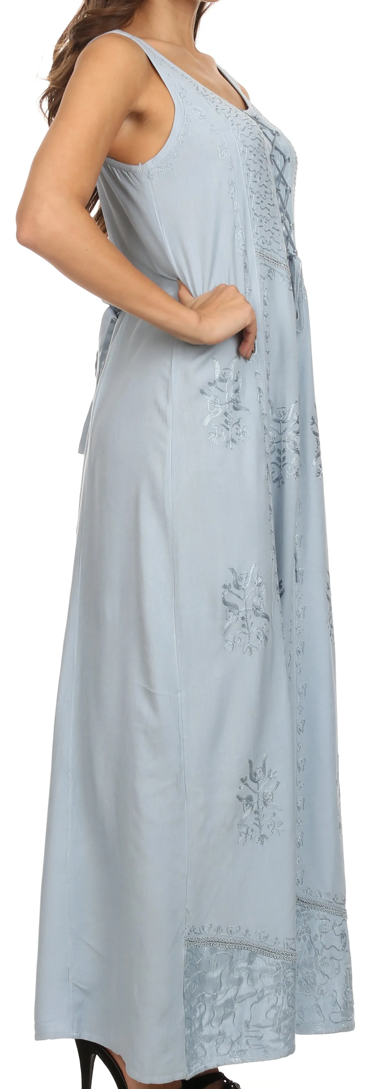 Sakkas Stella Long Tank Top Adjustable Caftan Corset Dress With Embroidery