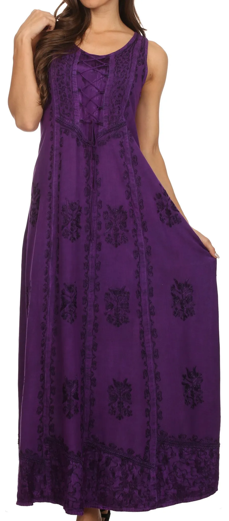 Sakkas Stella Long Tank Top Adjustable Caftan Corset Dress With Embroidery