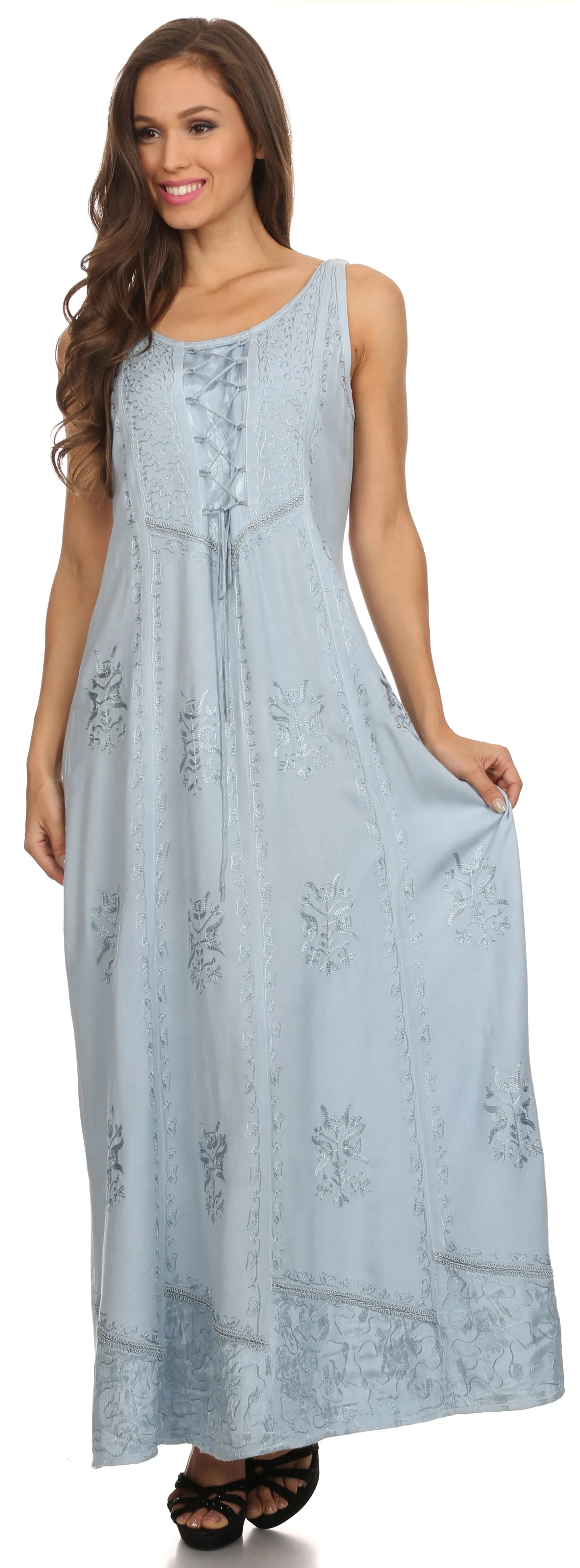 Sakkas Stella Long Tank Top Adjustable Caftan Corset Dress With Embroidery