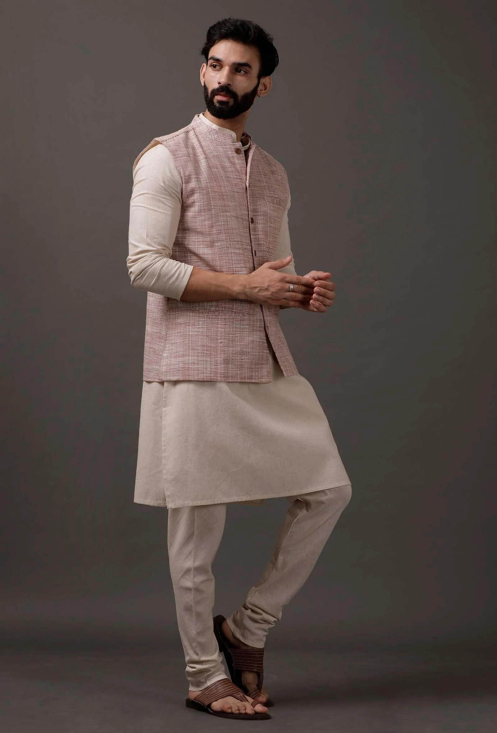 Set of 3: Beige Kurta pajama with Maroon Waist Coat