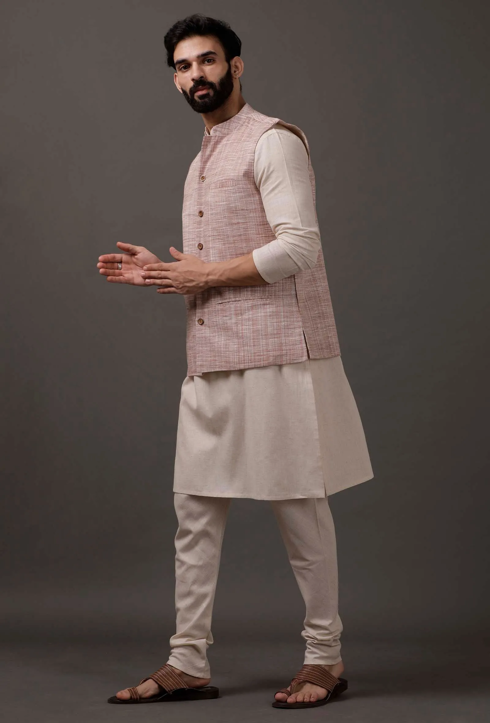 Set of 3: Beige Kurta pajama with Maroon Waist Coat