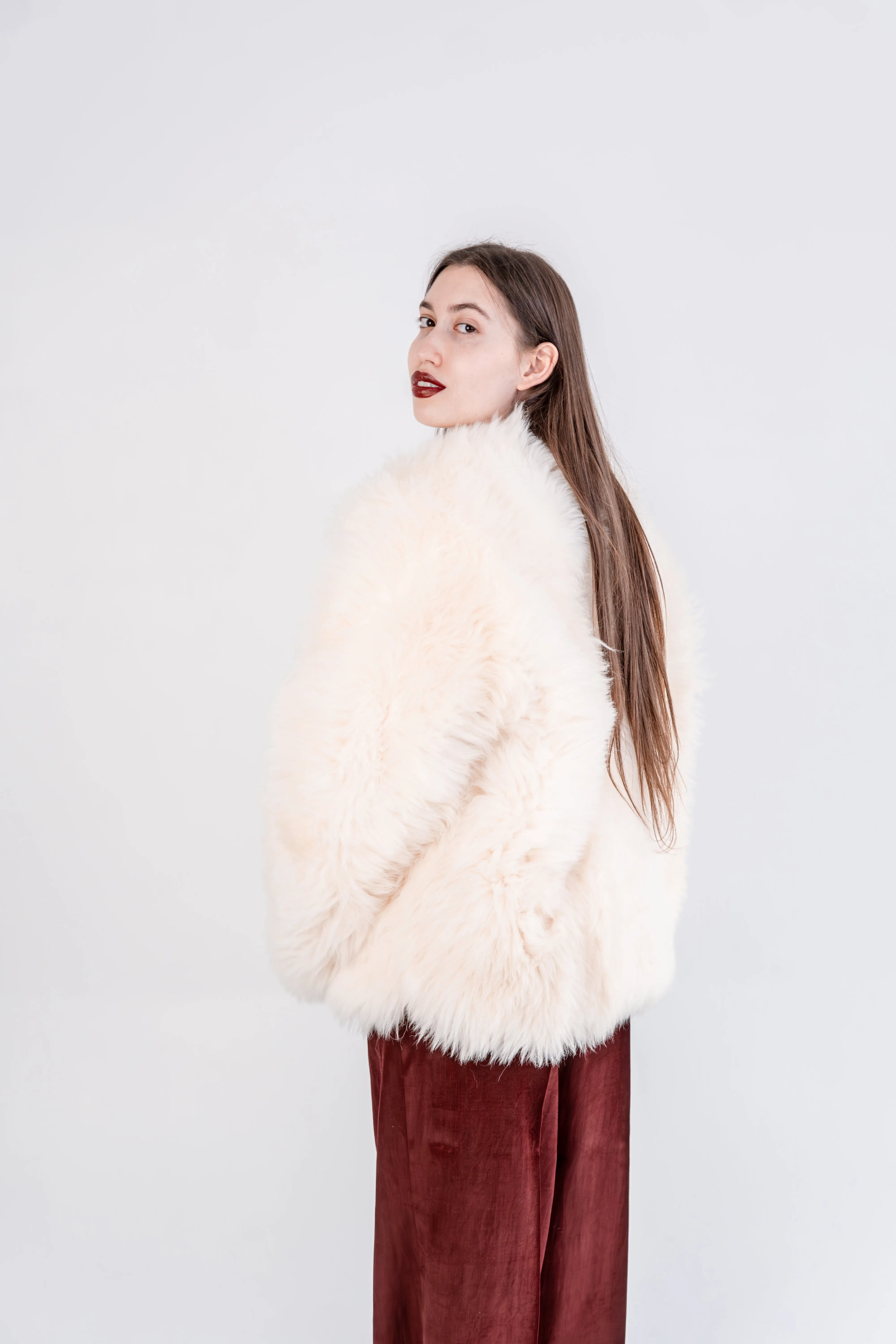 Sheepskin Coat with Burgundy Silk Lining - White