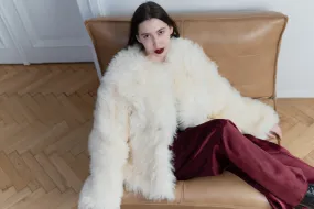 Sheepskin Coat with Burgundy Silk Lining - White