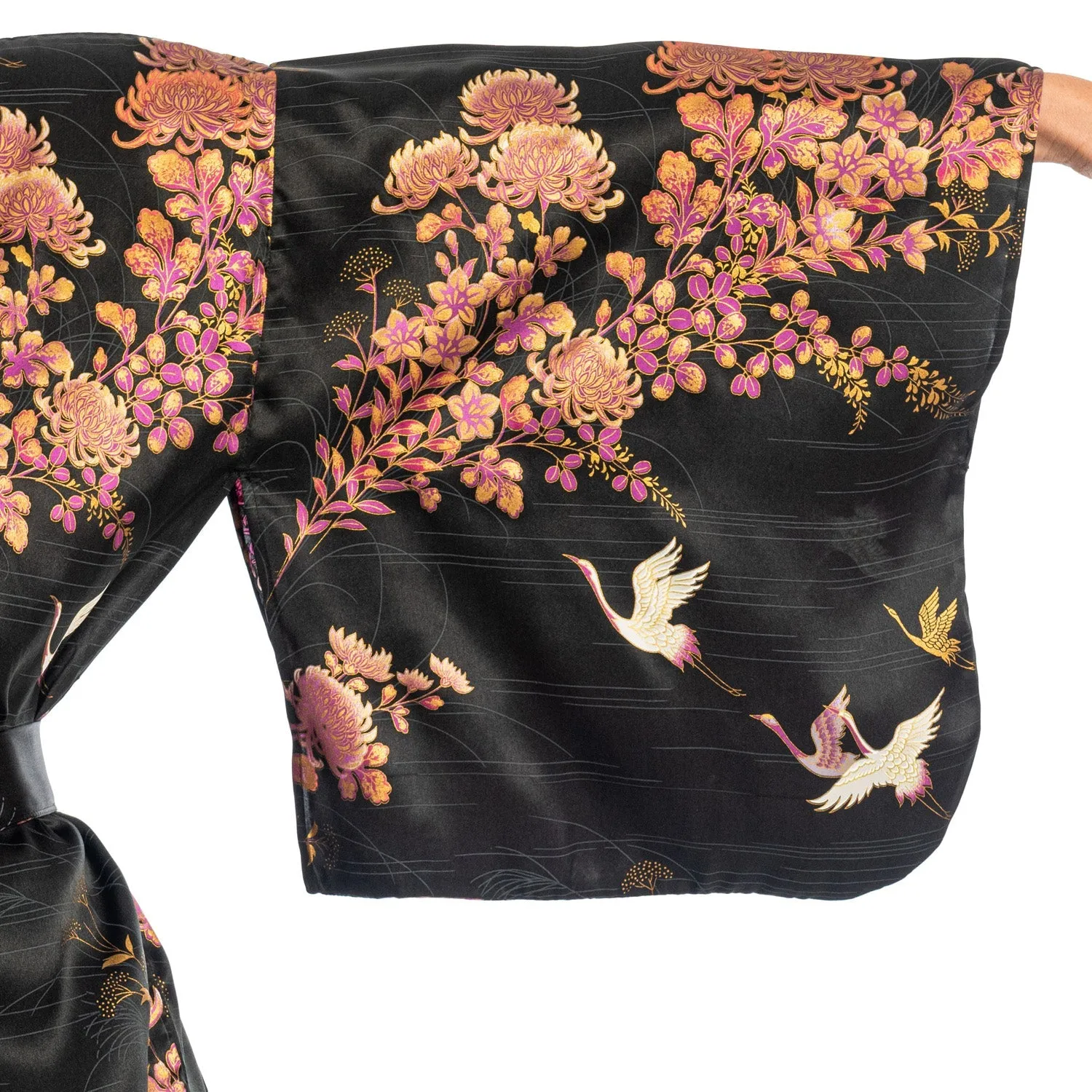 Silk Crane and Chrysanthemum Long Black Yukata