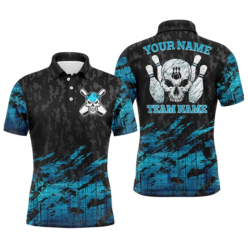 Skull Bowling Polo Shirts For Men Custom Name And Team Name Blue Bowling Skeleton, Team Bowling Shirts