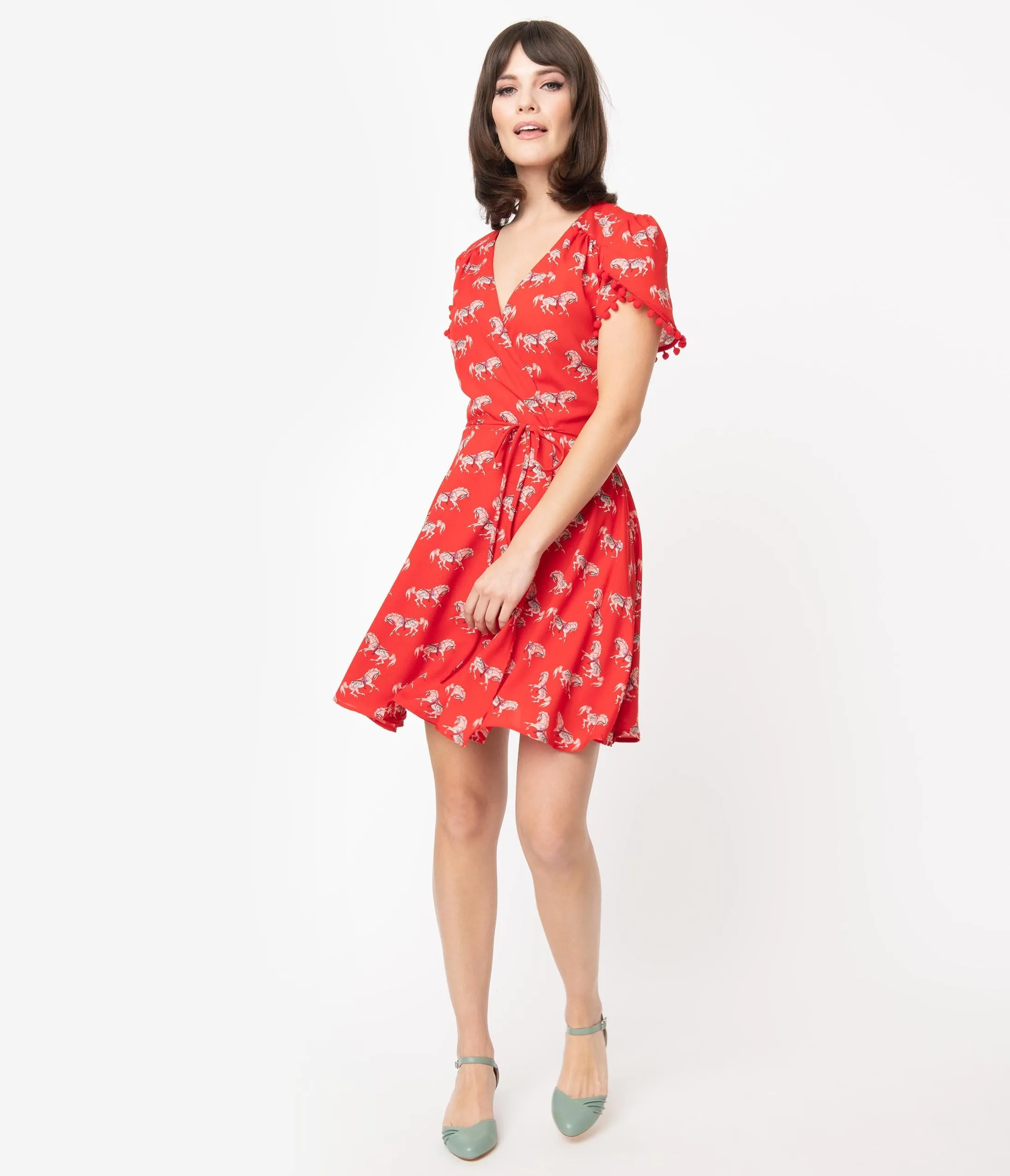 Smak Parlour Red Carousel Pony Print Pretty Woke Faux Wrap Flare Dress