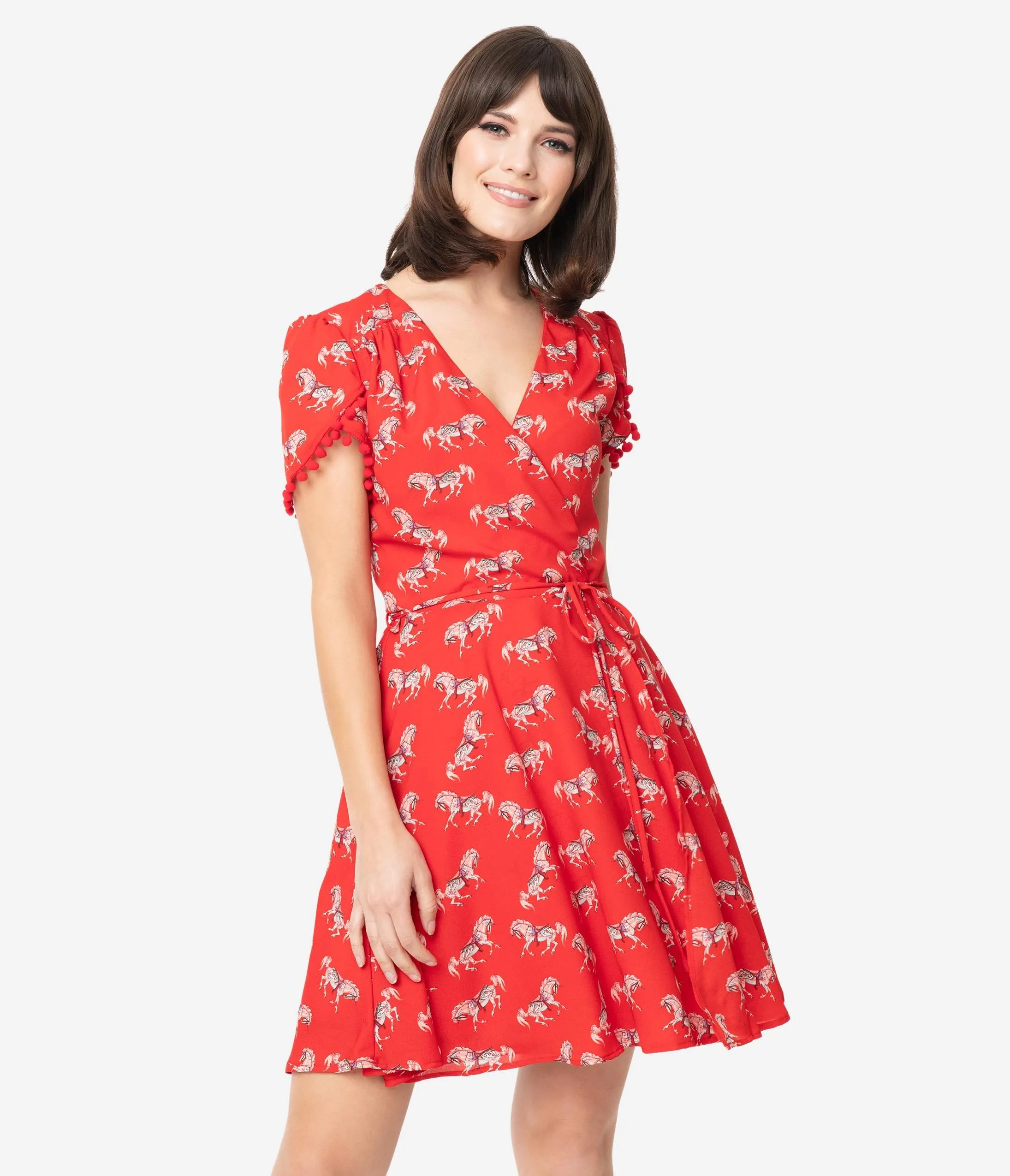 Smak Parlour Red Carousel Pony Print Pretty Woke Faux Wrap Flare Dress