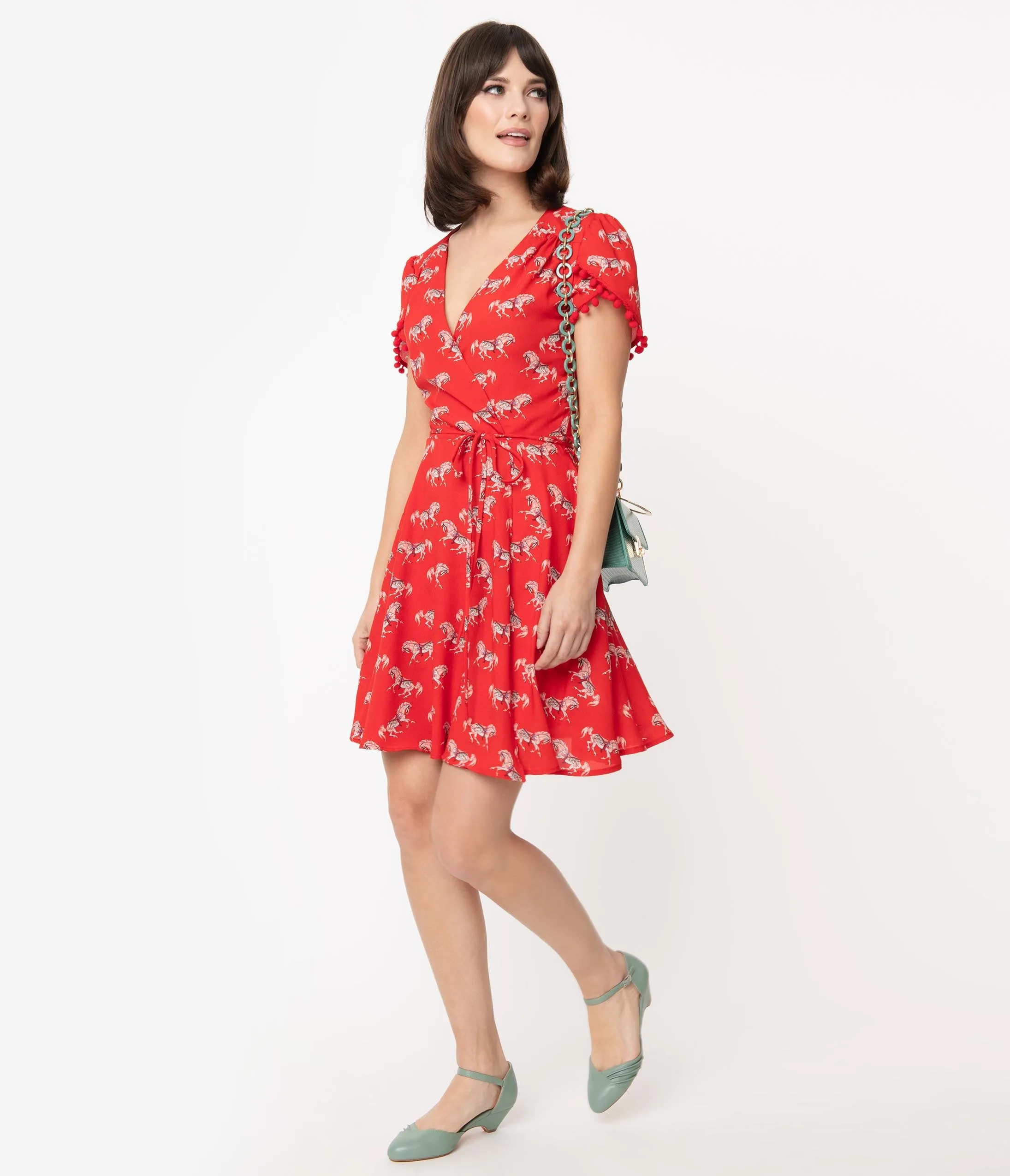 Smak Parlour Red Carousel Pony Print Pretty Woke Faux Wrap Flare Dress