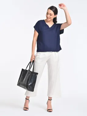 Solid Indigo V-Neck Top with Cream Trousers Coords Set