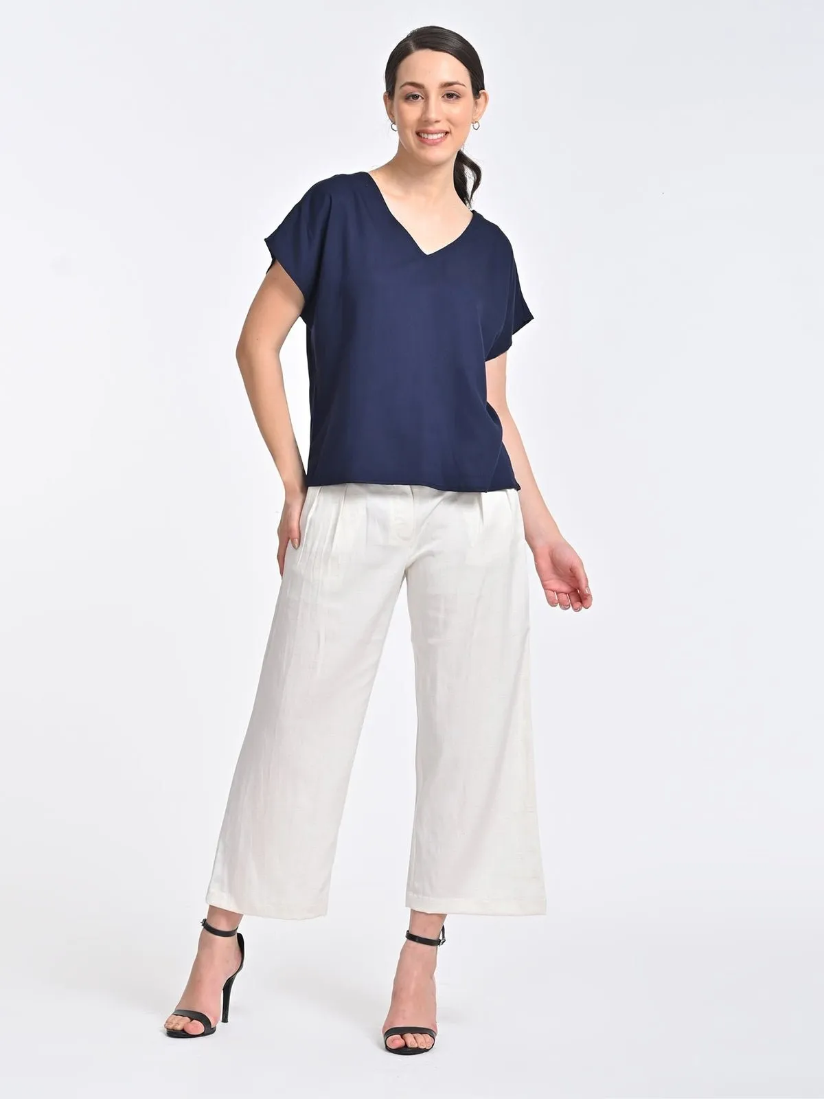 Solid Indigo V-Neck Top with Cream Trousers Coords Set