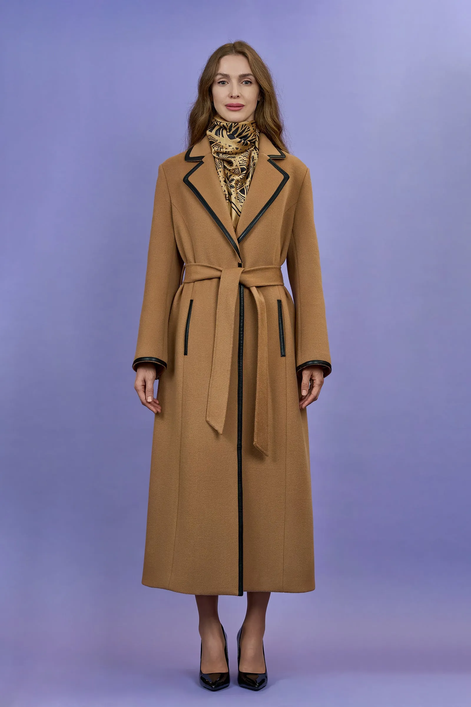 TANYA COUTURE Virgin Wool Cashmere Camel Belted Tailred Long Coat