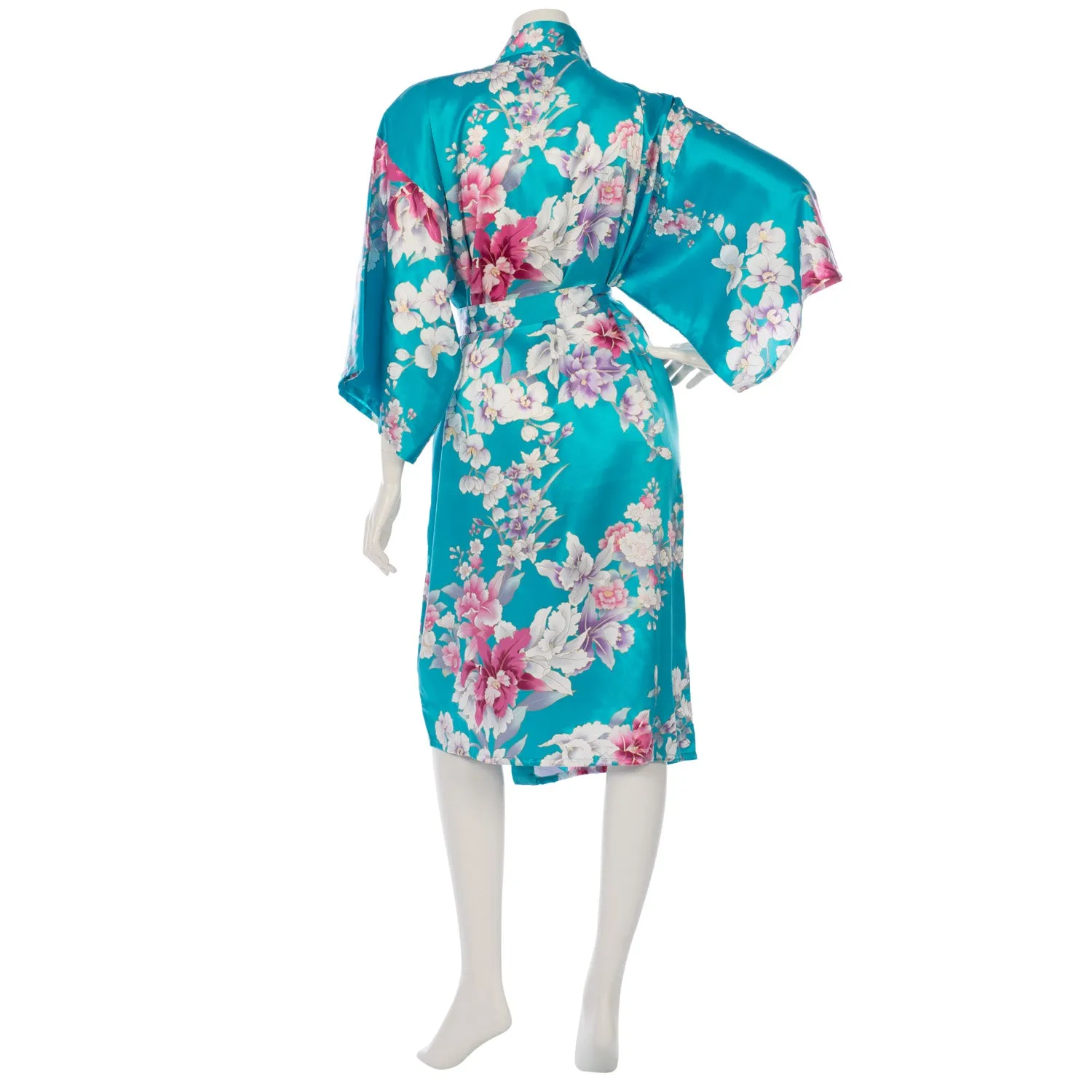 Turquoise Floral Short Silk Japanese Kimono