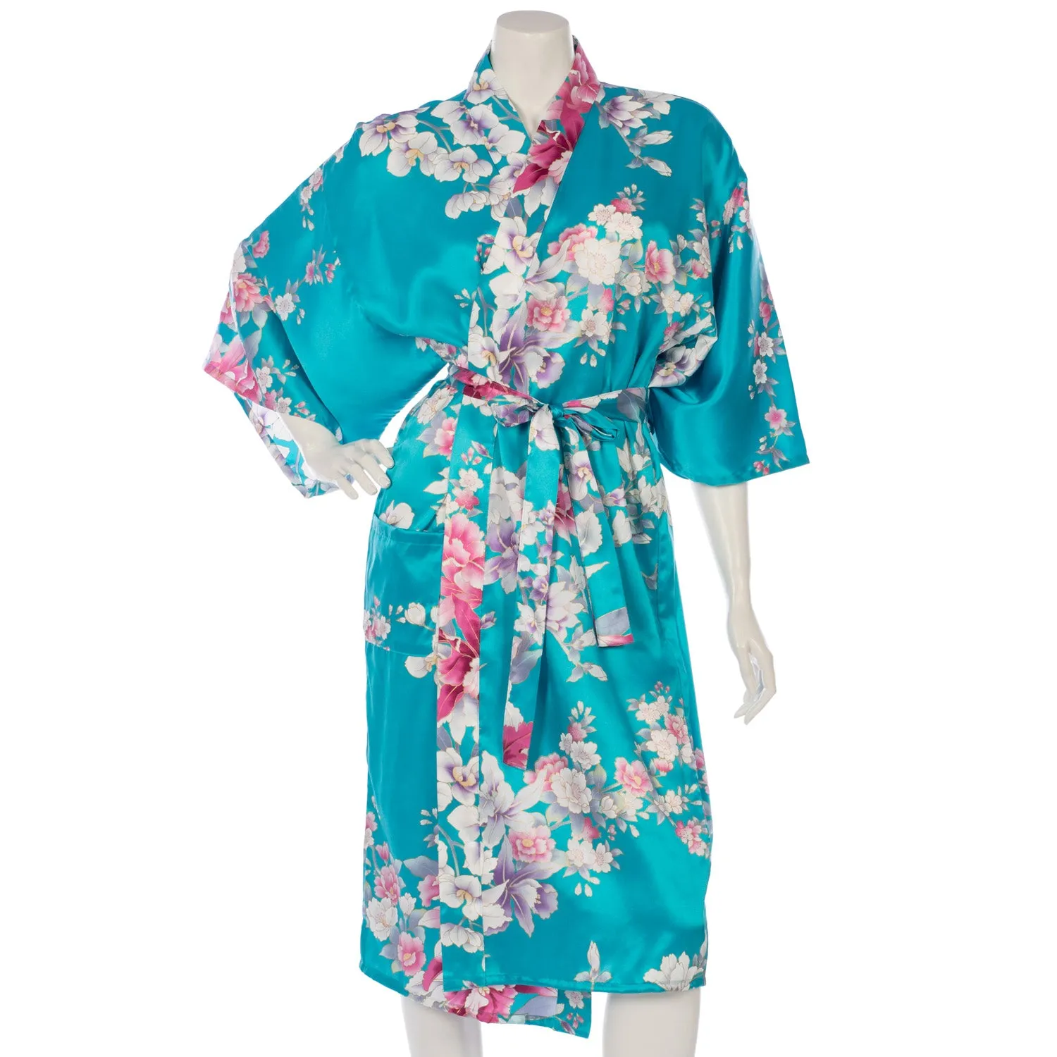 Turquoise Floral Short Silk Japanese Kimono