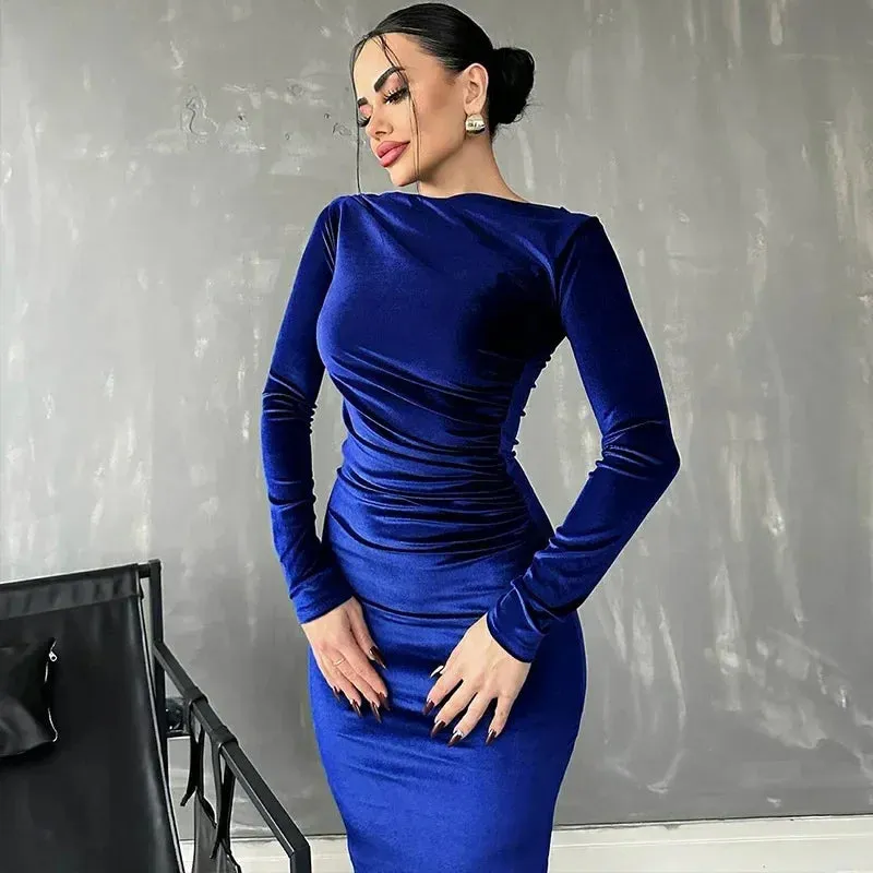 Velvety Ruched Long-sleeved Body-hugging Elegant Club-ready Midi Dress