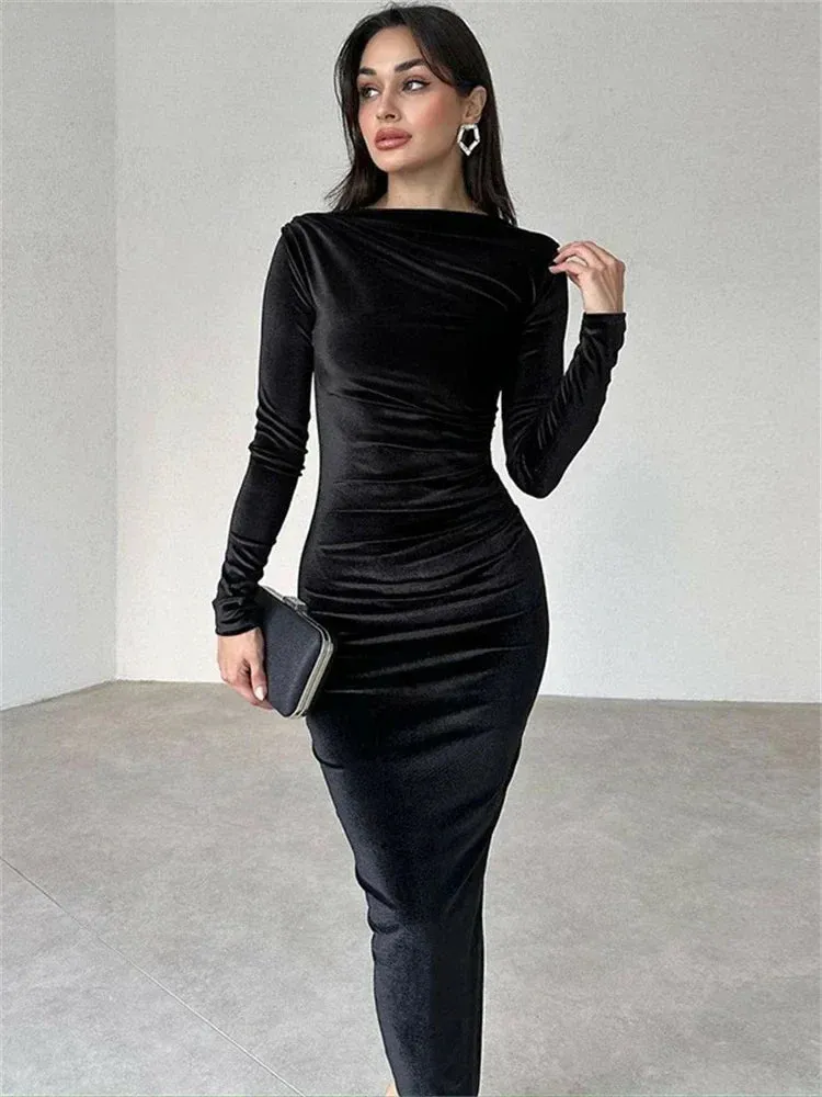 Velvety Ruched Long-sleeved Body-hugging Elegant Club-ready Midi Dress