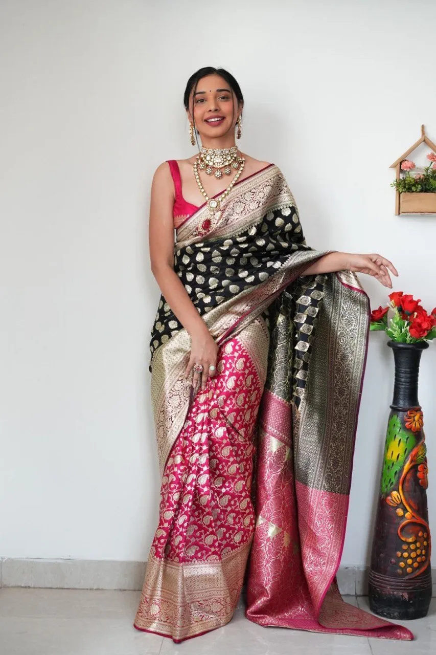 Vestigial 1-Minute Ready To Wear Black Soft Silk Saree