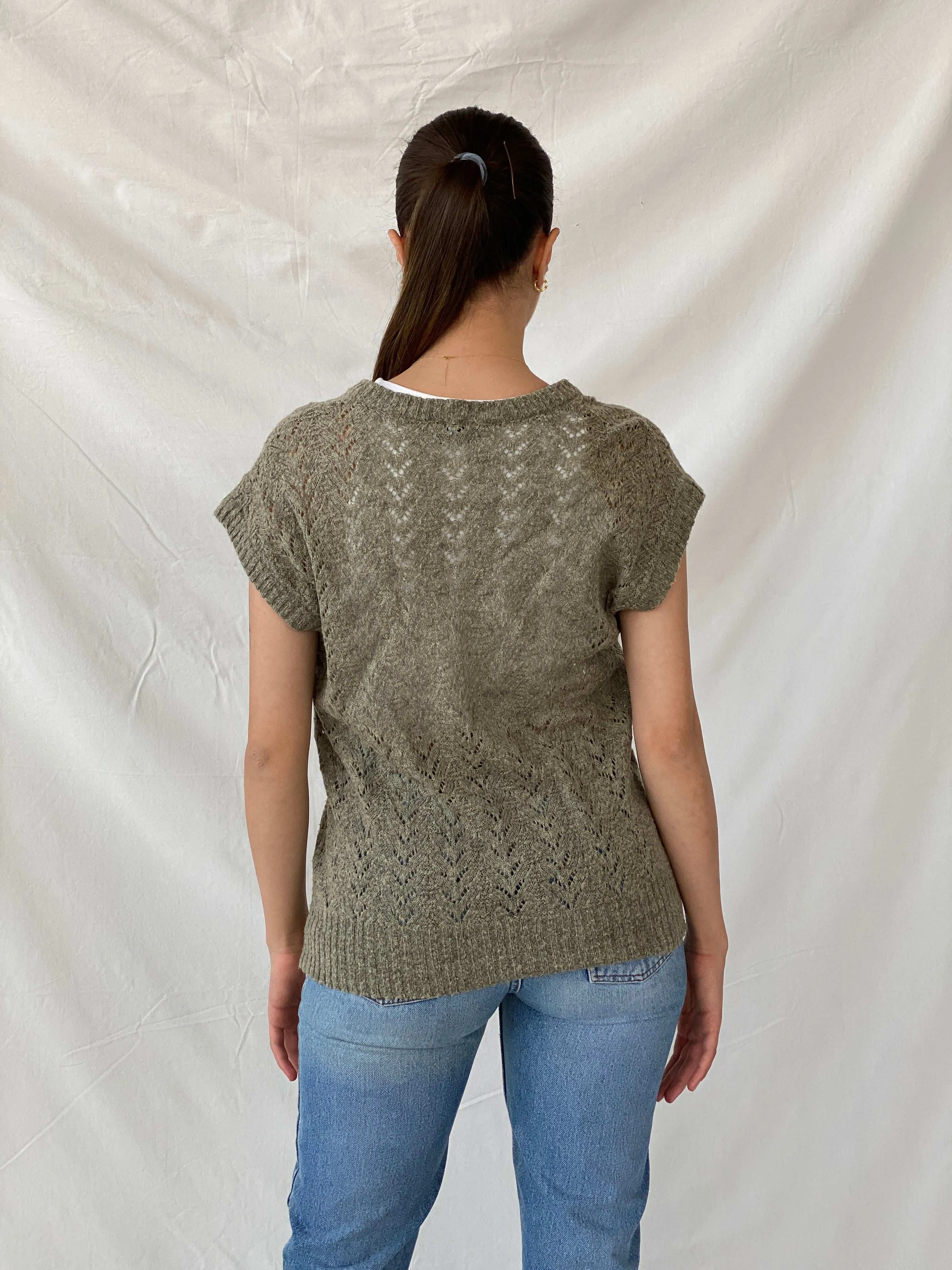 Vintage 80s Chiwitt Tricots Olive Green Knitted Crochet Vest - L