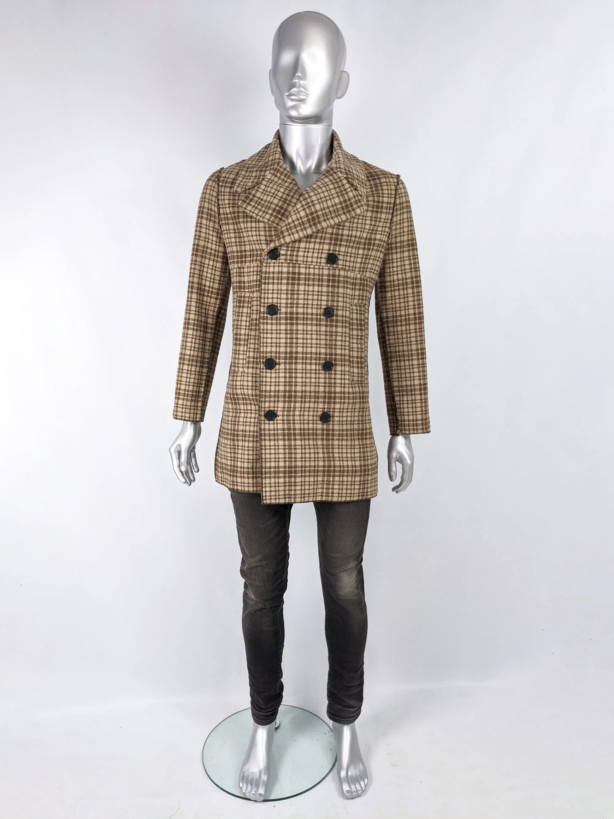 Vintage Brown Check Double Breasted Pea Coat, 1990s