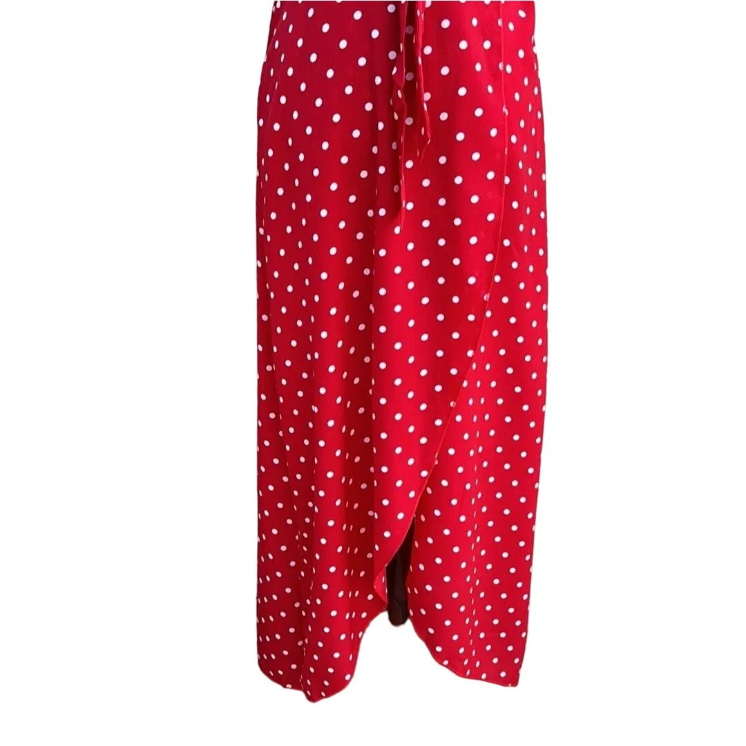 Vintage Inspired Red White Polka Dot V-Neck Cap Sleeves Tie Waist Tulip Dress