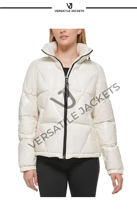 Water resistant down feather fill short puffer coat