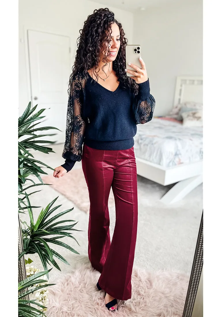 Wine Red Women's Bell Bottom Corduroy Flare High Waisted Front Seam Slacks