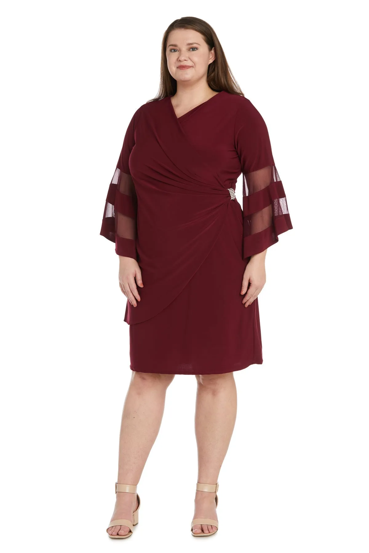 Women Plus Size Flattering Knee-Length Wraparound Dress with Bell-Sleeves