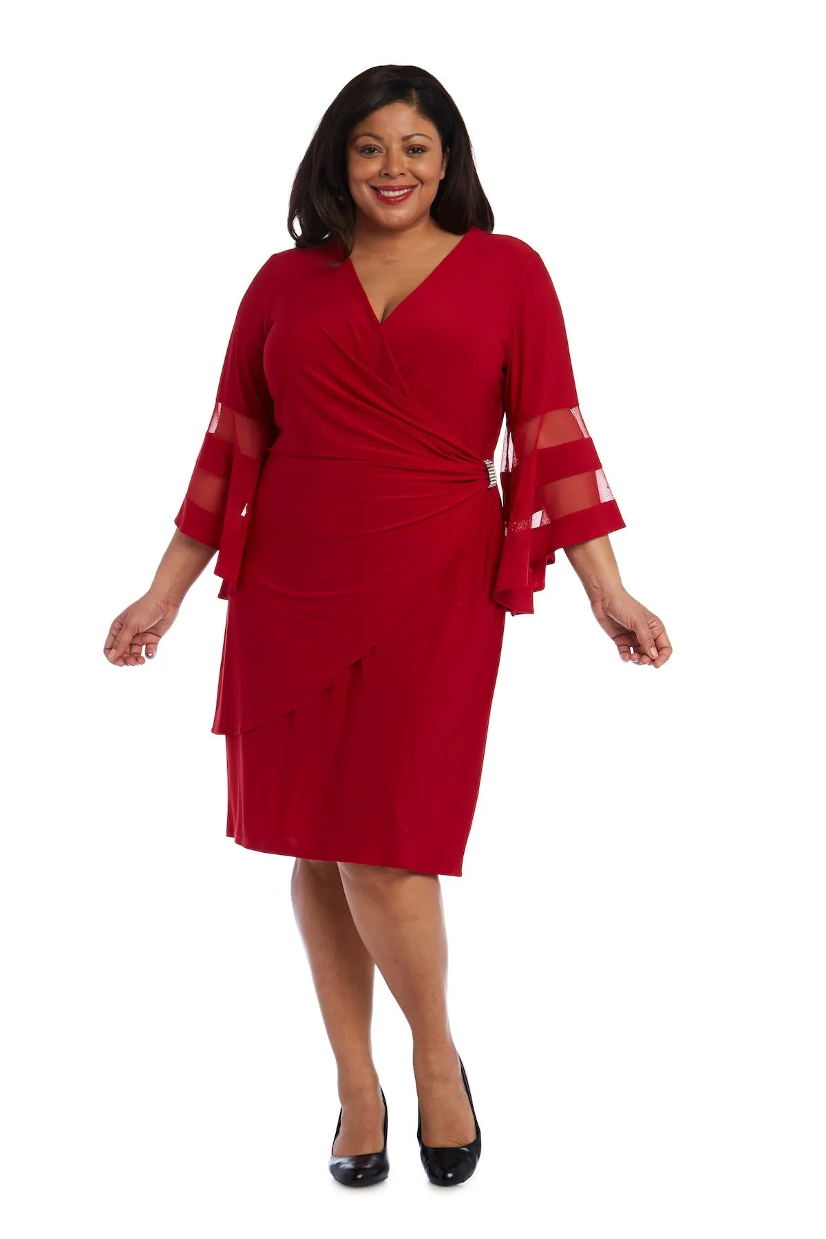 Women Plus Size Flattering Knee-Length Wraparound Dress with Bell-Sleeves