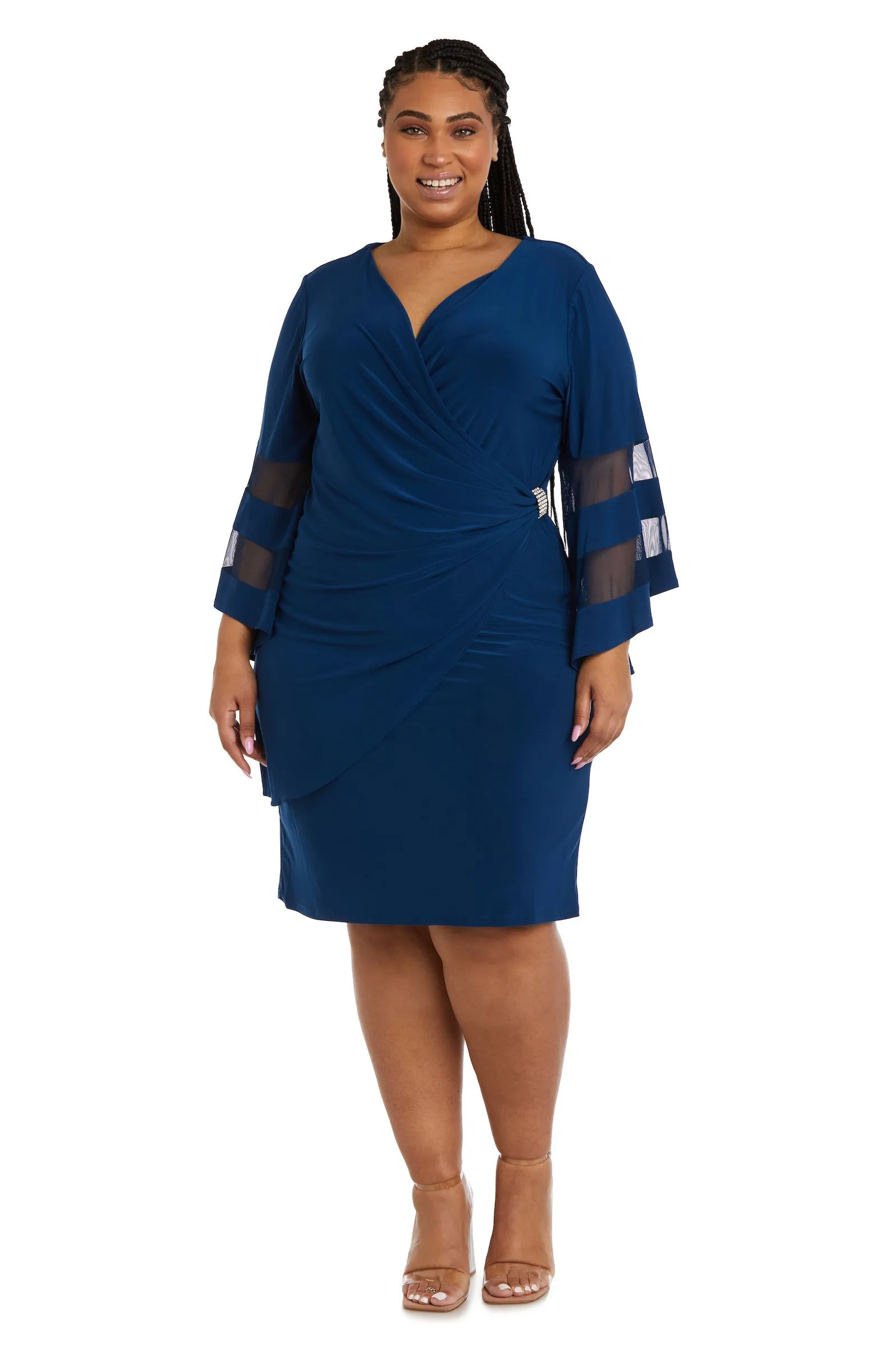 Women Plus Size Flattering Knee-Length Wraparound Dress with Bell-Sleeves