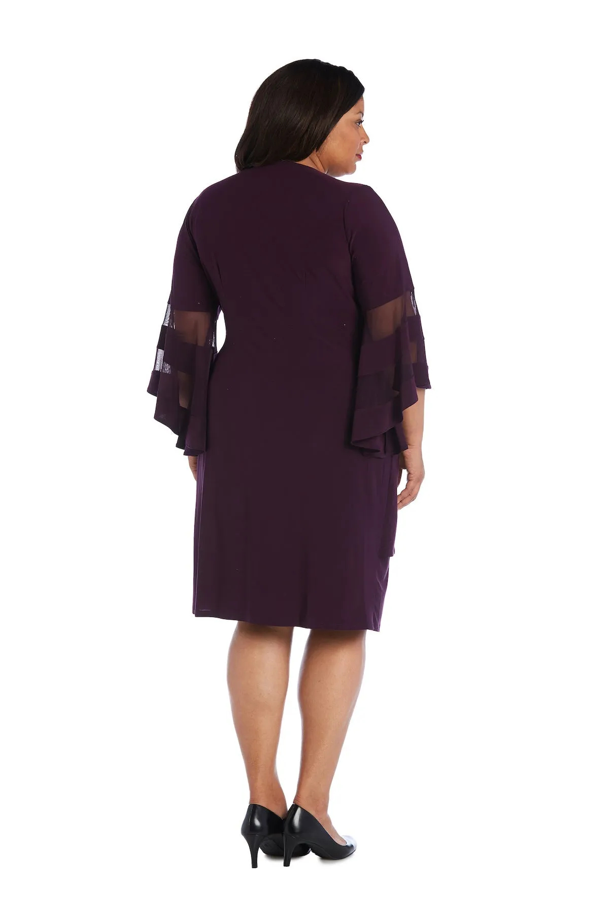 Women Plus Size Flattering Knee-Length Wraparound Dress with Bell-Sleeves