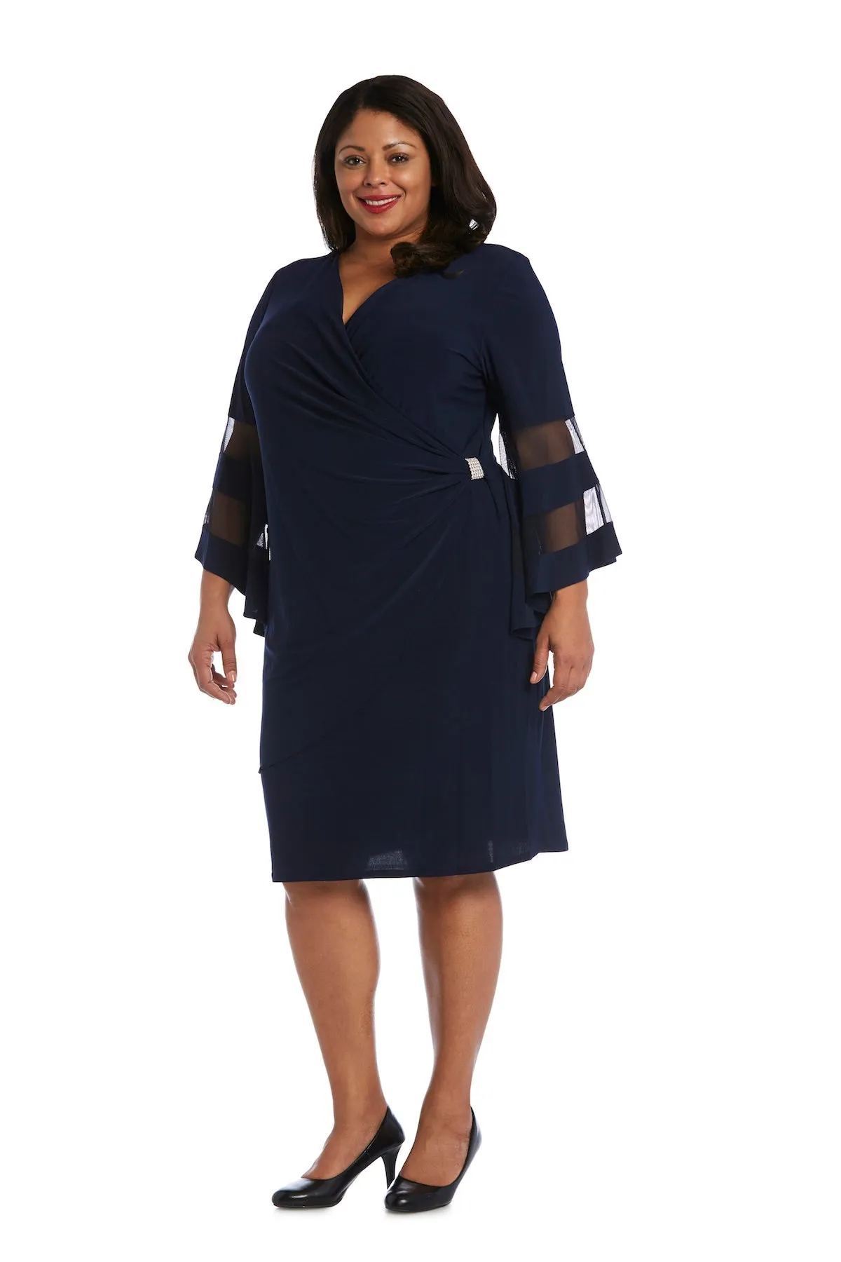 Women Plus Size Flattering Knee-Length Wraparound Dress with Bell-Sleeves