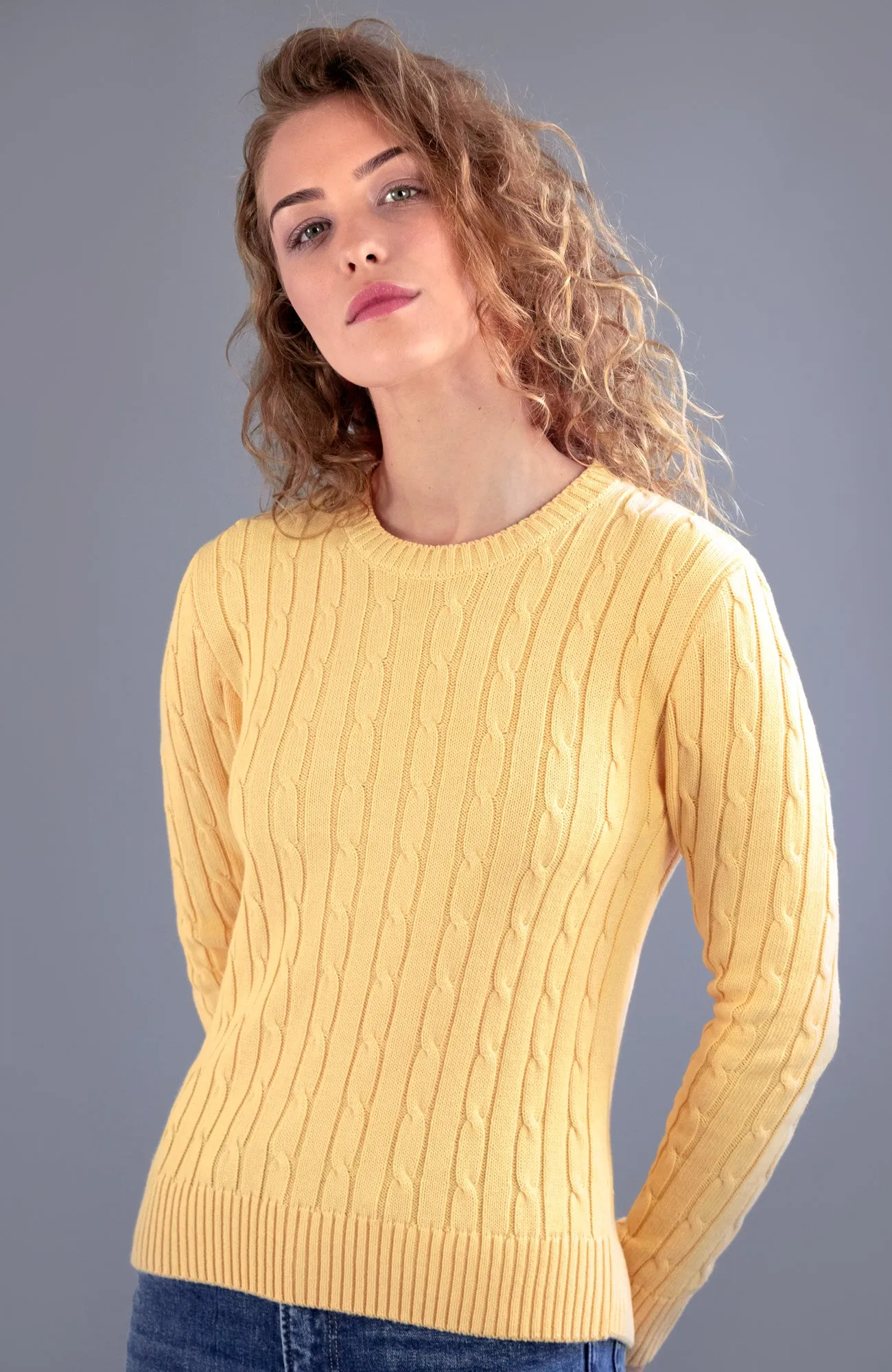 Womens 100% Cotton Crew Neck Cable Jumper