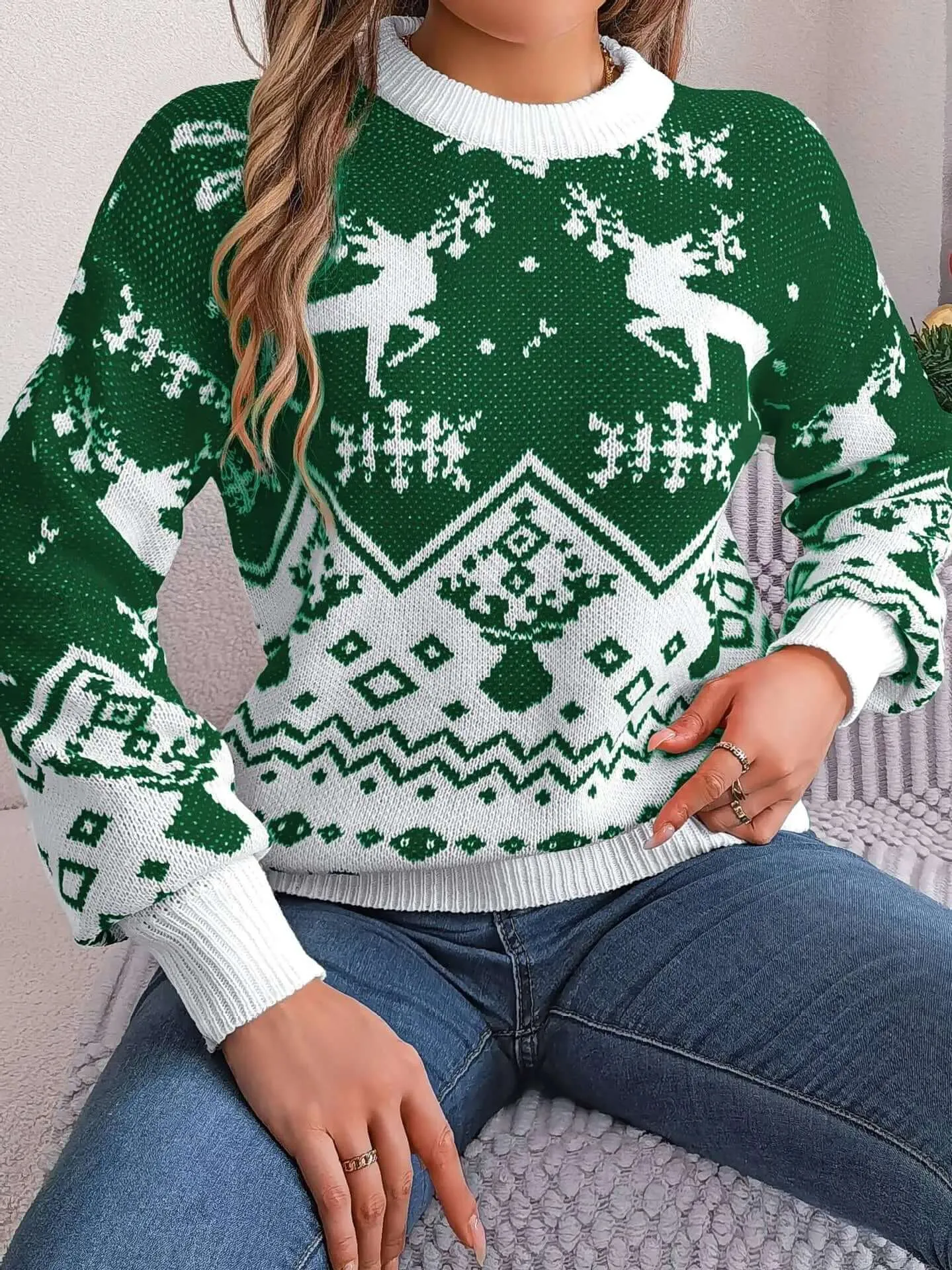 Women's Autumn and Winter Christmas Cute Casual Deer Pattern Long Sleeve Pullover Sweater