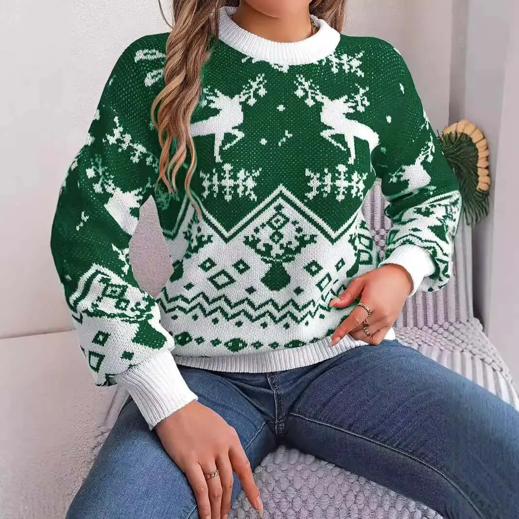 Women's Autumn and Winter Christmas Cute Casual Deer Pattern Long Sleeve Pullover Sweater