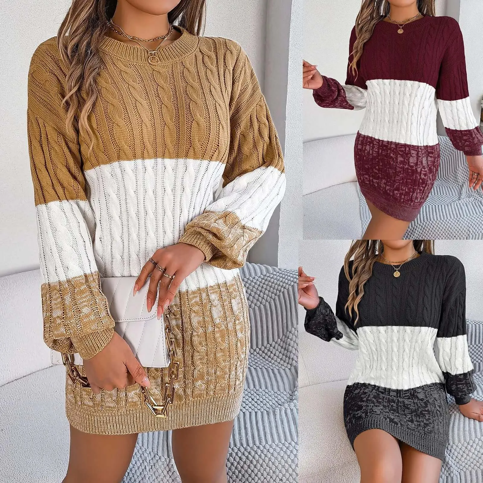 Women's autumn and winter European and American casual color matching twisted lantern sleeve sweater dress