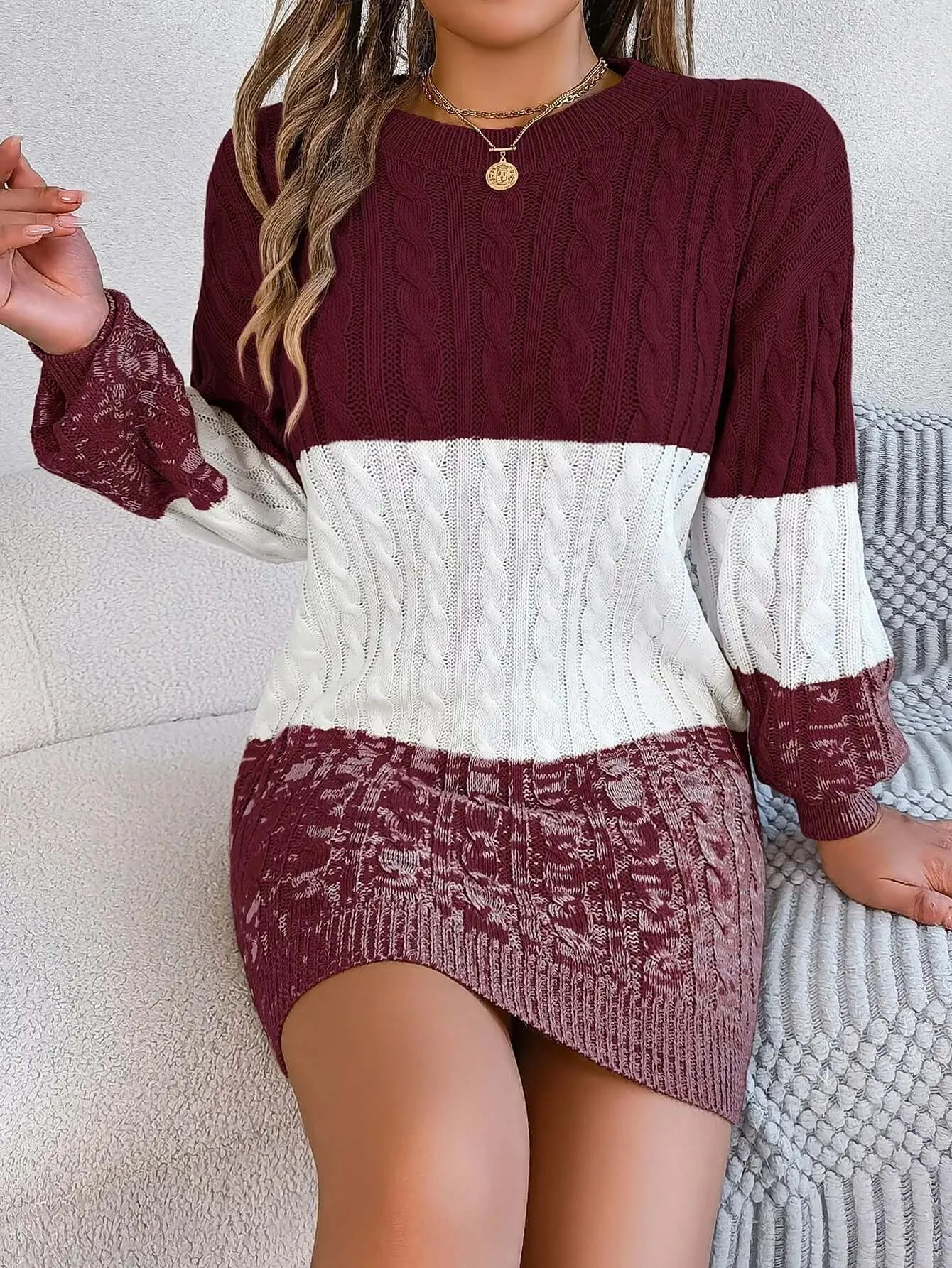 Women's autumn and winter European and American casual color matching twisted lantern sleeve sweater dress