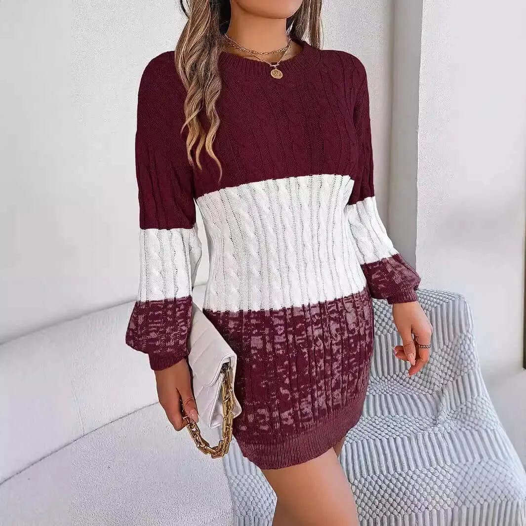 Women's autumn and winter European and American casual color matching twisted lantern sleeve sweater dress